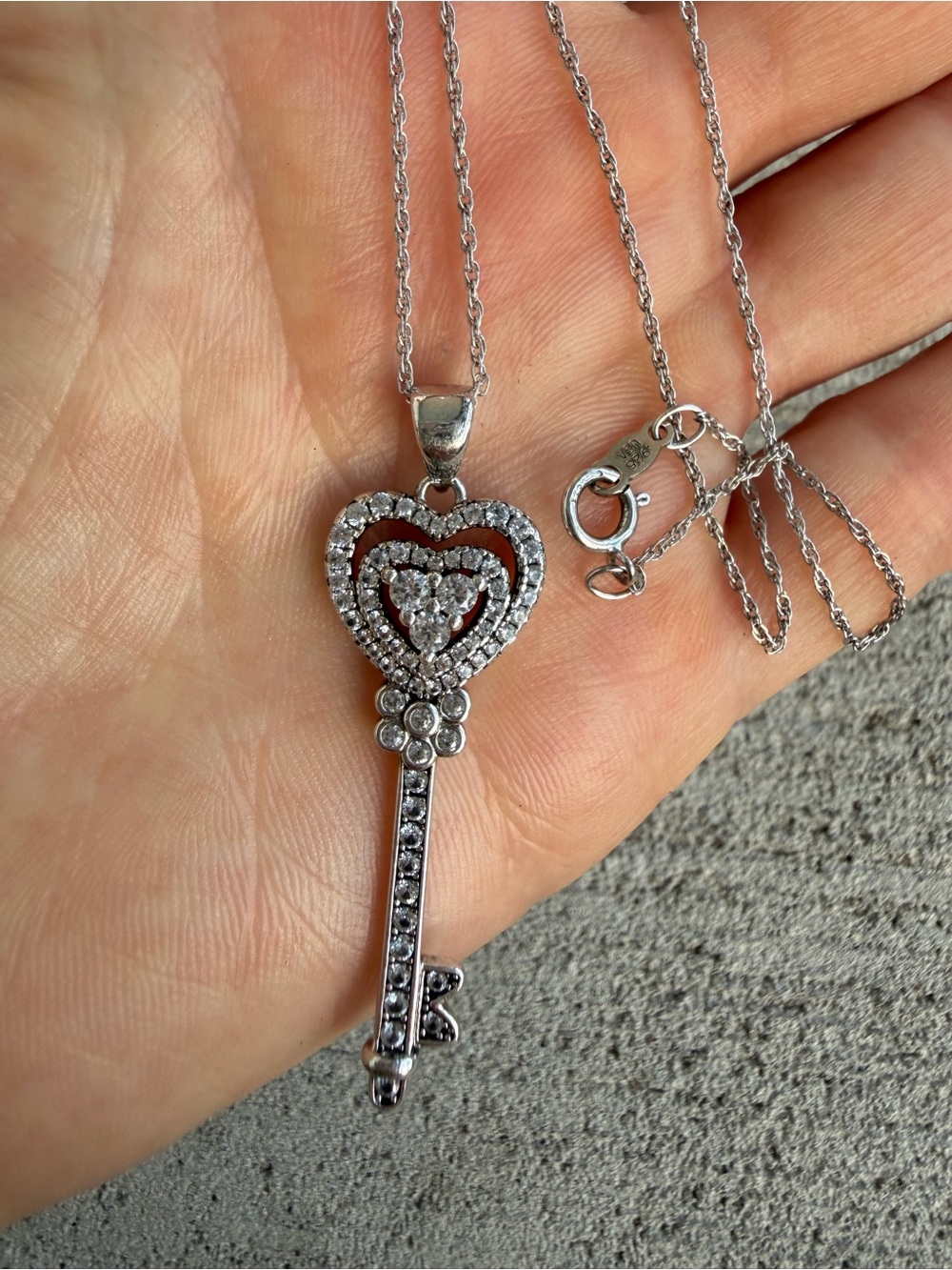 PAJ 925 Sterling Silver Heart Key Pendant Necklace CZ Crystal 18” Chain Vintage